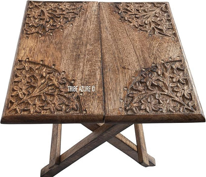 Small Altar Table for Meditation, Puja, Wiccan, Buddhist Practices - Wooden Low Side Table, Japanese Tea Table, Folding Dragon Design With Floral Pattern