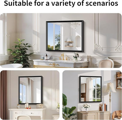 Black Bathroom Mirror 30 x 36 Inch Rectangle Wave Beveled