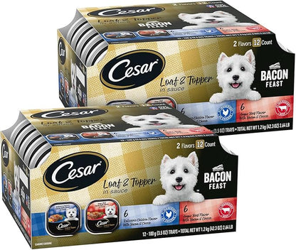 Cesar Wet Dog Food Loaf in Sauce Bacon Feast Variety Pack, 3.5 oz. Easy Peel Trays (12 Count, Pack of 2)
