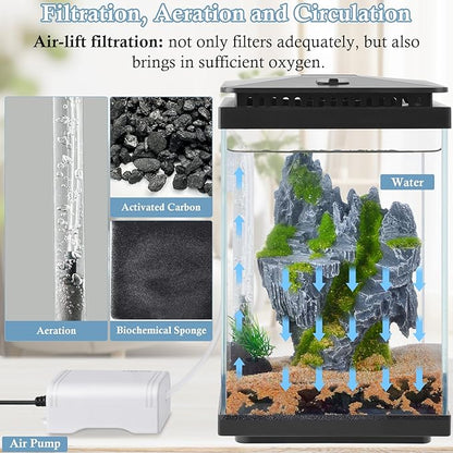 FEDOUR Small Glass Aquarium, 1 Gallon Desktop Fish Tank, Betta Fish Tank, Mini Aquarium Starter Kit with Air Pump LED Light Decoration Water Changer Fish Net (Black)