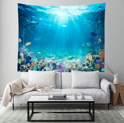 Loccor Underwater World Tapestry Blue Ocean Wall Hanging Under the Sea Coral Reef Wall Tapestry Tropical Fish Tank Undersea Tapestries Marine Wall Art for Bedroom Living Room Dorm Decor 92x70 Inches