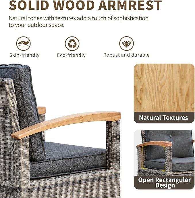 MEISSALIVVE Patio Furniture Sets, 6 Pieces Outdoor Rattan Furniture Conversation Sets with 2 Wood Armrests Swivel Rocker Chairs, 2 Ottoman, 3-Seat Sofa and Coffee Table(Grey)