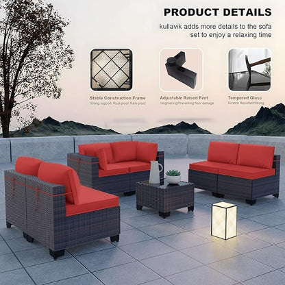 Kullavik 7 Pieces Outdoor Patio Furniture Set,Sectional Rattan Sofa Set Brown PE Rattan Wicker Patio Conversation Set with Tempered Glass Coffee Table and Washable Cushions Covers,Red