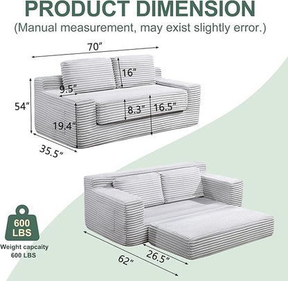 70" Cloud Loveseat Sofa Couch in a Box, 2 Seater Boneless Couch, Convertible Pull Out Sofa Bed with Pillows, No Assembly, Memory Foam, Modern Small Couches for Small Spaces (Gray-Folding)