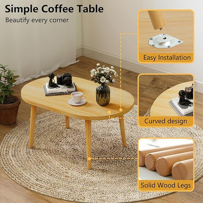 Funecy Coffee Table Low Table with Solid Wood Sturdy Legs, Floor Table Desk for Sitting on The Floor, Storage and Living Room Furniture (Natural-Oval)