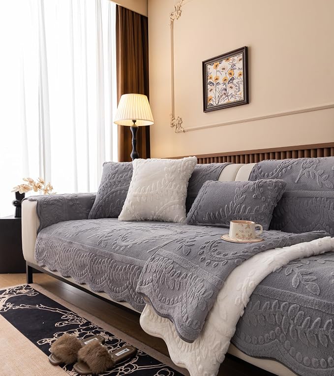 Grey Fuzzy Rabbit Plush Sofa Cover Cozy Warm Sofa Couch Covers with 3D Jacquard Leaf Pattern Non-Slip Easy-to-Install Shaggy Sofa Slipcover Prefect for Kids Dogs Cats Cats(Grey,36"x82")
