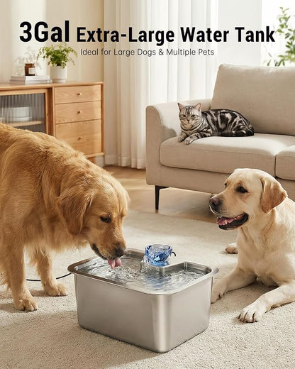PETNF 3-Gallon 304 Stainless Steel Dog Water Fountain for Large Dogs, Extra Wide Drinking Area, Automatic Water Bowl Dispenser for Large Dogs & Multi-Pet Homes, 7-Stage Filtration System, Quiet Pump
