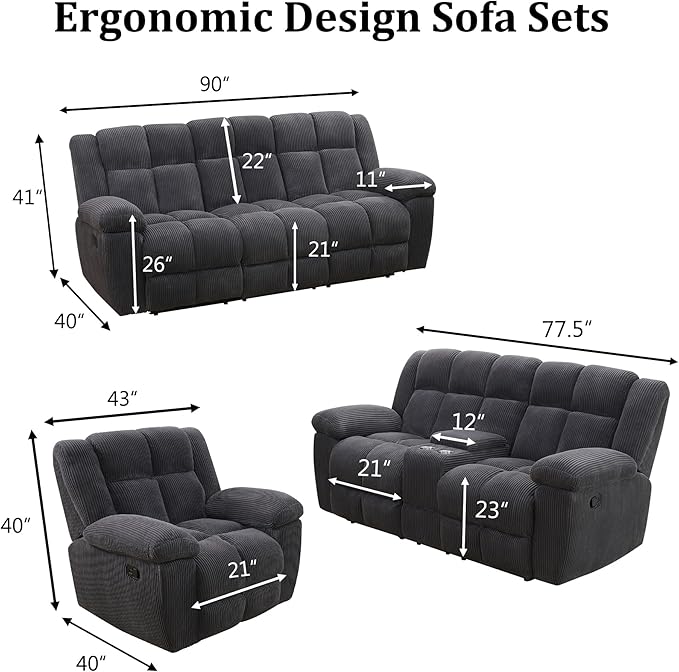 Manual Recliner Sofa Set,Fabric Reclining Couch Set,Modern Living Room Furniture Set,Reclining Sofa Couch Chair for Living Room Home Office (Dark Grey Upgraded Version, 3PCS Set)