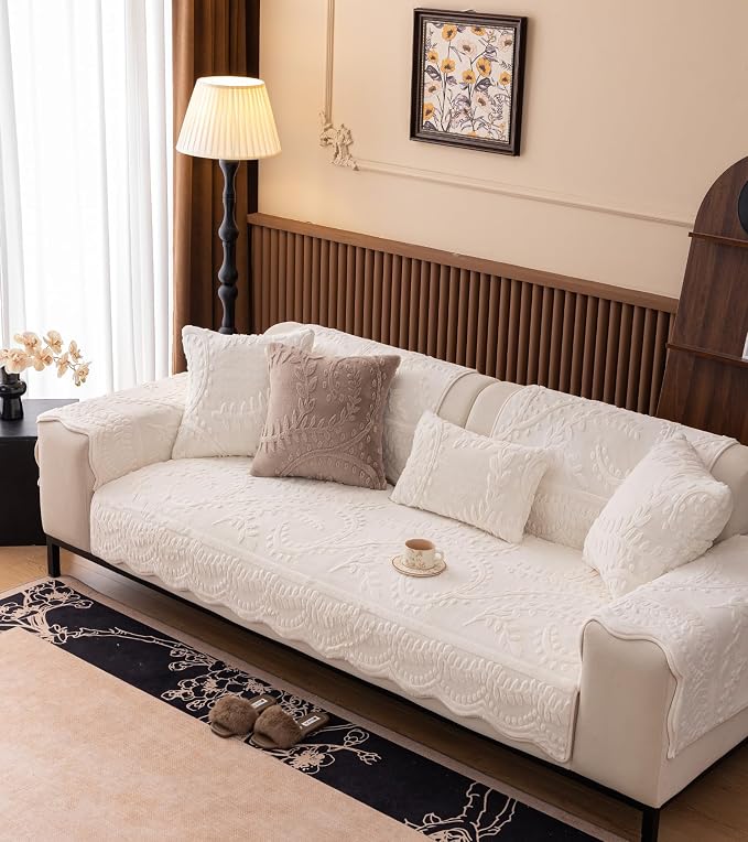 White Fuzzy Rabbit Plush Sofa Cover Cozy Warm Sofa Couch Covers with 3D Jacquard Leaf Pattern Non-Slip Easy-to-Install Shaggy Sofa Slipcover Prefect for Kids Dogs Cats Cats(White,36"x102")