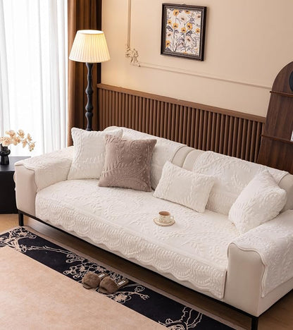White Fuzzy Rabbit Plush Sofa Cover Cozy Warm Sofa Couch Covers with 3D Jacquard Leaf Pattern Non-Slip Easy-to-Install Shaggy Sofa Slipcover Prefect for Kids Dogs Cats Cats(White,36"x102")