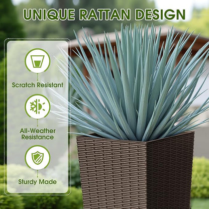 Devoko Resin Tall Planters for Outdoor Plants Set of 2, Large Taper Outdoor Planter Pots with 4 Drainage Holes, Flower Pots Modern Decor for Porch, Patio, Backyard, Garden(Brown, 32" with Trays)