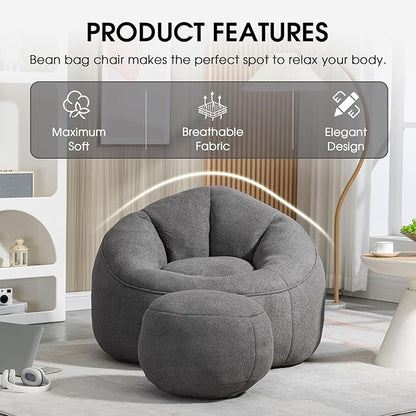 Sudwesto Bean Bag Chair for Adult, Microfiber Upholstered Bean Bag Sofa with Petal Back, Shell-Shaped Beanbag Chair with Footstool, Memory Foam Stuffed Lazy Sofa for Living Room, Bedroom (Grey)