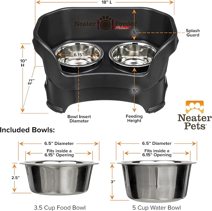 Neater Pet Brands Neater Feeder Deluxe Mess Proof Dog Bowls Elevated for Medium Dogs 19-40 lbs, Made in USA, No Spill Raised Dog Food Bowl Stand Feeding Station, Food and Water Bowl Set, Black