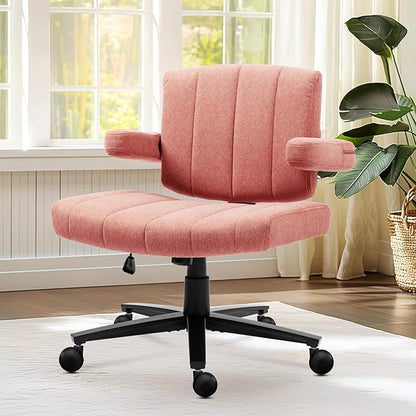 Vigosit Pink Criss Cross Office Chair with Wheels, Ergonomic Wide Seat Vanity & Dressing Table Chair, Adjustable Arms Swivel Rolling Desk Chair for Women, Comfortable Cross-Legged Support