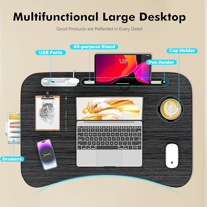 Lap Desk for Bed Adjustable Height, Foldable Bed Table with Storage Drawer, Tablet Slot & Cup Holder, Portable Laptop Stand for Bed & Sofa, Bed Desk for Adults & Kids, Black