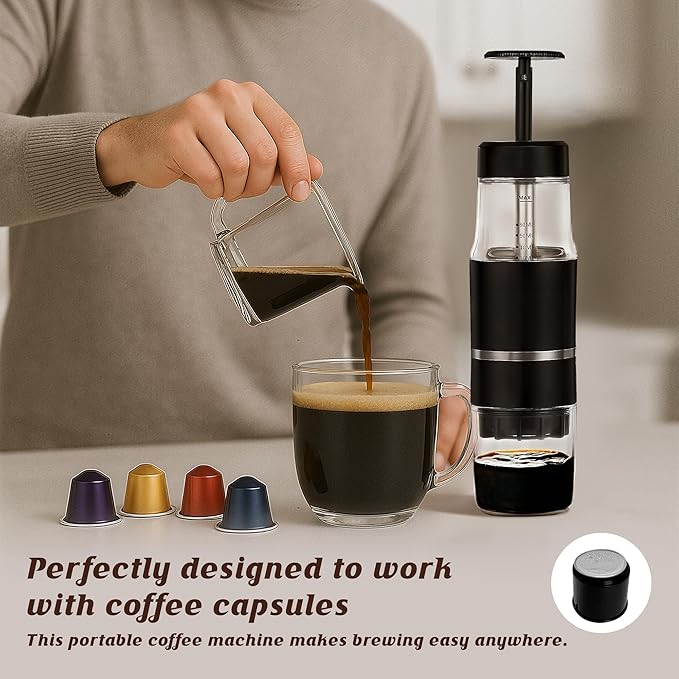 PIQUEBAR Portable Coffee Maker for Ground Coffee & Capsules, Small Espresso