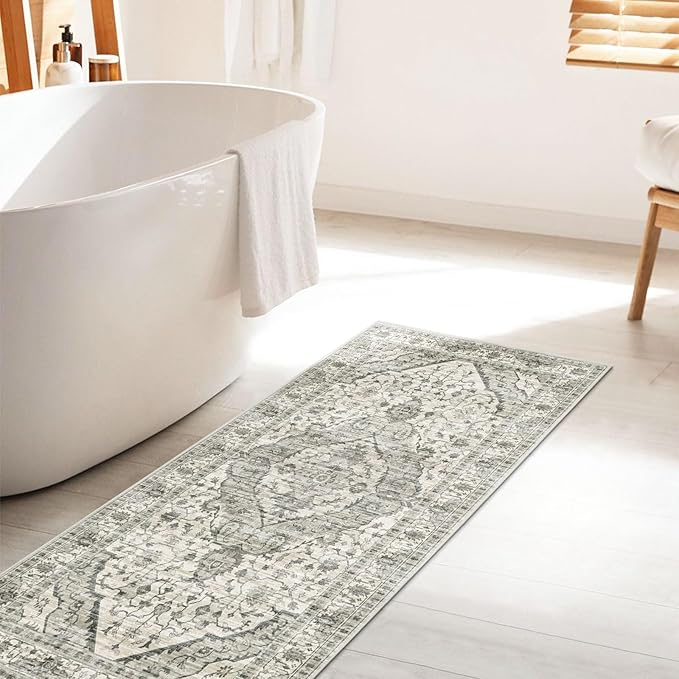 2x4 Rugs Boho Small Washable Area Rugs for Entryway Bathroom Kitchen, Small Rugs Soft Low Pile Non-Slip Rubber Backing Oriental Door Mat(Border Cream