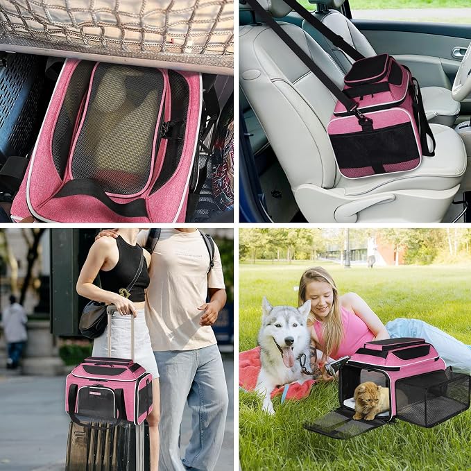 Petskd Top and Side Expandable Pet Carrier 17x11x9.5 Inches Alaska Airline Approved, Soft-Sided Carrier for Small Cats and Dogs with Locking Safety Zippers and Anti-Scratch Mesh(Pink)