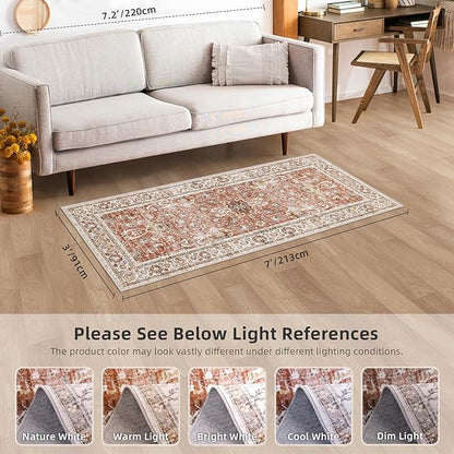 Deerly Vintage Runner Rug 3x7 Runner Rugs for Hallway Non-Slip Kitchen Runner Rug with Rubber Backing Washable Rug Runner for Bedroom Distressed Brick Red