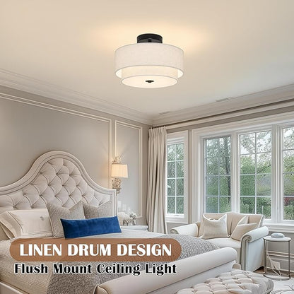2 Light Semi Flush Mount Ceiling Light Fixture 12.6 Inch Modern Black Drum Ceiling Light Fixture with 2-Layer Fabric Shade Dimmable Close to Ceiling Light for Living Room Hallway Bedroom Entryway