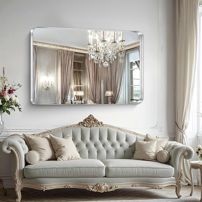 CIRCUMI Silver Bathroom Mirror, Rounded Corner, Tempered Glass, Large Mirror