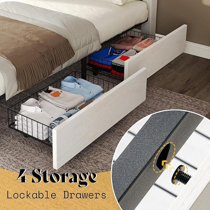 AMERLIFE Full Size Farmhouse Bed Frame with 4 Drawers, Wooden Storage Bed Frame with Headboard and Heavy Duty Metal Slats, Noisy Free, Easy Assemble, White/Barnwood