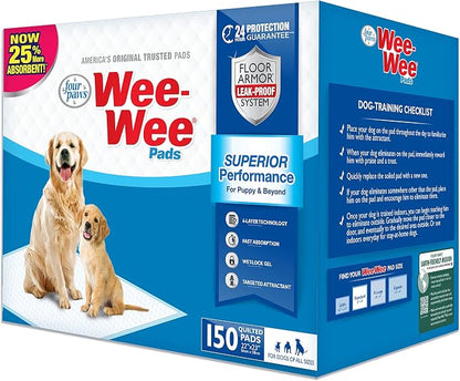 Four Paws Wee-Wee Superior Performance Dog Pee Pads, 150 Count | Quilted leak-proof puppy pads, dog housebreaking & potty training, 24-hour floor protection, pet supplies, 22" x 23"