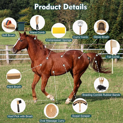 Horse Grooming Kit for Bathing, 13Pcs Horse-Brush Set with Mesh Bag, Shower Brushes, Braiding and Curry Comb, Sweat Scraper, Hoof Pick, Shedding Massaging Tool Supplies for Riders Beginners