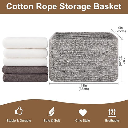 Storage Baskets for Organizing, Woven Decorative Baskets for Shelves - Books, Towels, and Clothes, Cotton Rope Toy Storage Bins, 12.7''Lx9''Wx7.8''H, Pack of 4, Grey