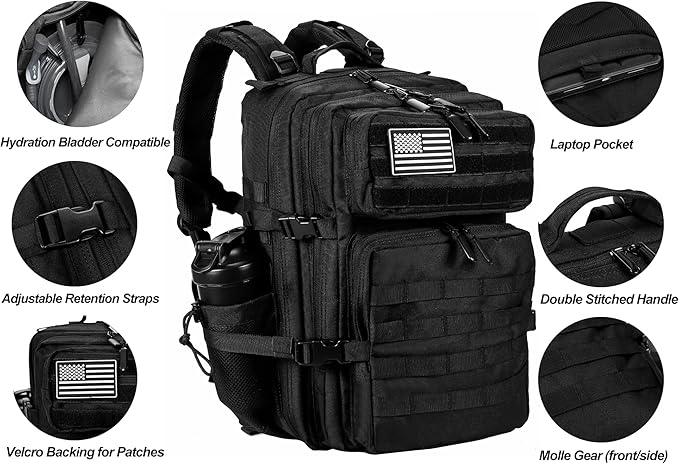 LHI Military Tactical Backpack for Men and Women 45L Army 3 Days Assault Pack Bag Large Rucksack with Molle System - Black