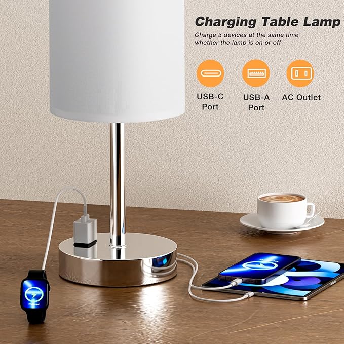 Fenmzee Touch Bedside Lamp - White, 3-Way Dimmable, USB A + C Charging, AC Outlet, 17.4inch Medium