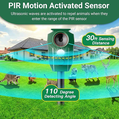 Solar Ultrasonic Animal Repellent with Motion Sensor & LED Lights – Waterproof Outdoor Deer Repellent Device for Yard, Garden & Lawn – Effective Against Cats, Coyotes, Raccoons & Dogs