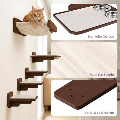 Cat Wall Shelves - Wall Mounted Cat Shelves with Feeding Station | Walnut Finish, Solid Pinewood, Beige Carpet, Supports Up to 33 lbs, Stainless Bowls, Dog-proof, Lounging, Climbing