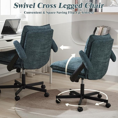 Kassipo Criss Cross Legged Office Chair with Wheels and Flip-Up Arms, Upholstered Criss Cross Desk Chair, Wide Seat Chairs for Home Office, Vanity, Apartment, Green