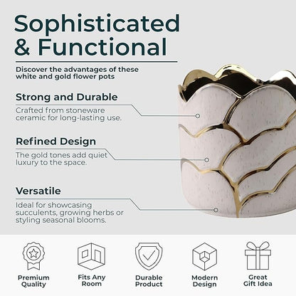 Modern Decorative Home Decor Planters for Flower Pots - Ideal for Indoor and Outdoor Plants for House Decor - Plant Pots for Garden Accent or Plant Stand Indoor - Set of 2, 7", 5", Ivory & Gold
