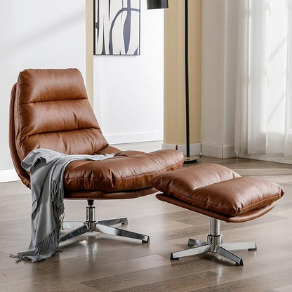 Swivel Accent Chair with Ottoman, Mid Century Modern Faux Leather Lounge Chair with footrest, Comfy Oversized Armchair with 360 Degree Metal Base for Living Room/Bedroom, Brown