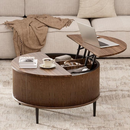 Yechen 31.5" Round Coffee Table with Storage,Fluted Lift Top Center Table, Midcentury Modern Flip-top Curved Table for Living Room,Walnut