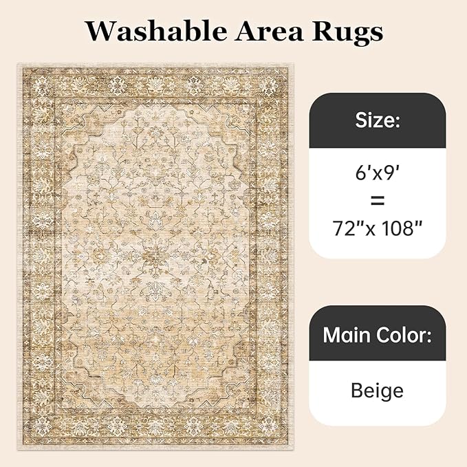 6x9 Area Rugs for Living Room,Machine Washable Low Pile Non Slip Stain Resistant Vintage Euro Floral Boho Desgin Carpet Rug for Bedroom Dining Room Kid's RoomHome Office,Natural Beige