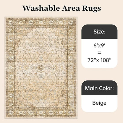 6x9 Area Rugs for Living Room,Machine Washable Low Pile Non Slip Stain Resistant Vintage Euro Floral Boho Desgin Carpet Rug for Bedroom Dining Room Kid's RoomHome Office,Natural Beige