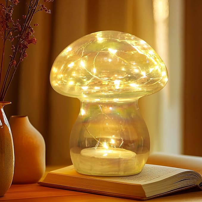 Glass Mushroom Table Lamp, 5.9" Cute LED Night Light for Home Decor, Battery Operated (3 AA), Modern Ambient Light for Living Room Bedroom Office Clear