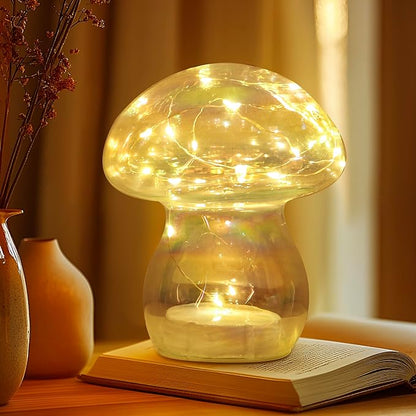 Glass Mushroom Table Lamp, 5.9" Cute LED Night Light for Home Decor, Battery Operated (3 AA), Modern Ambient Light for Living Room Bedroom Office Clear