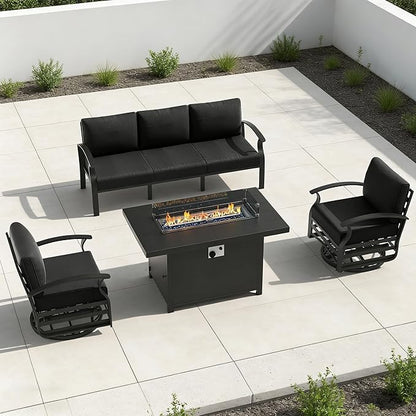RTDTD Aluminum Outdoor Patio Furniture Set,4 Pieces 5 Seats Patio Conversation Sets with 45" Propane Fire Pit Table,Metal Patio Sectional Furniture Set with 2 Swivel Rocking Chairs,Black