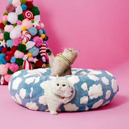 Lesure Donut Cute Jacquard Cat Tunnel Bed Kitten Toys for Puppy Bunny | 33.5x33.5x10in,Round Cat Bed Tube for Indoor Cats Rabbit Dog,Pet Peekaboo Cave Toy,Spiral Hideaway,Washable Cushion,Blue