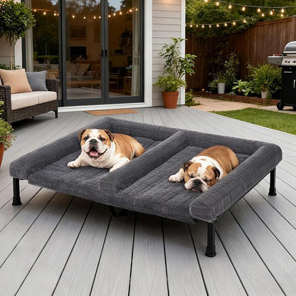 Veehoo Plush Double Dog Couch Bed for 2 Dogs, Washable Elevated Dog Bed | Cooling Raised Pet Cot with Removable Bolster Cushion, Breathable Mesh, No-Slip Feet, 53 x 37 inches, Grey