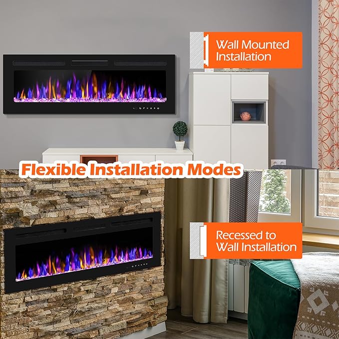 50" Electric Fireplace Wall Mounted and Recessed