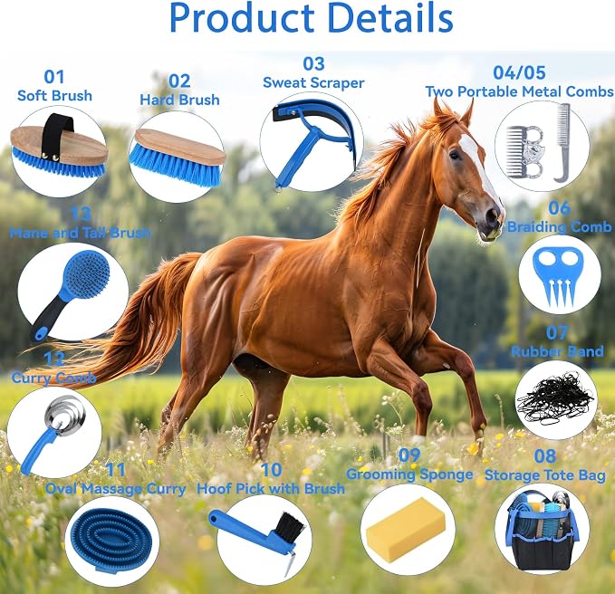 13 Piece Horse Grooming Kit, Horse Brushes for Grooming Supplies with Portable Bag, Horse Brush Set & Curry Comb for Effective Bathing and Massaging, Gift for Horses Riders Beginners (Blue)