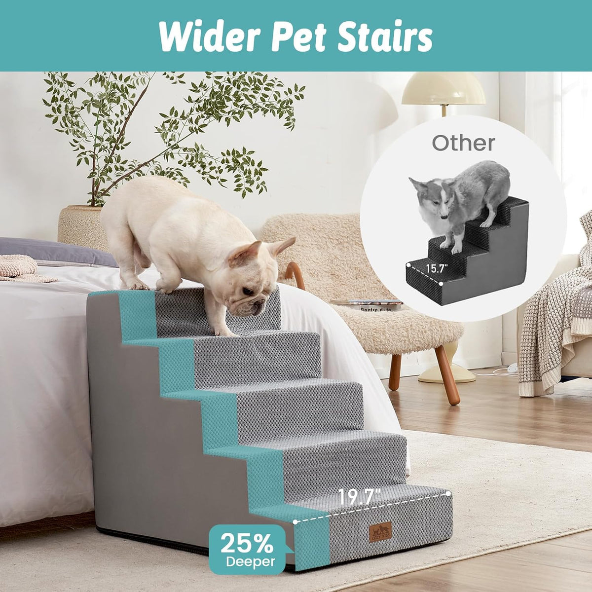 Dog Stairs for Small Dogs, 5 Tier Wider Pet Stairs for High Beds, 23.6" H Non-Slip Dog Steps for Old Cats, Puppies, Small Medium Dogs, 29.5x19.7x23.6 inch, Grey