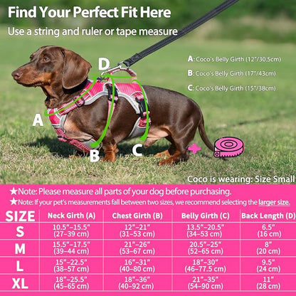 Escape Proof Dog Harness, Dachshund Harness, Reflective Dog Harness with Handle, Durable,Adjustable Vest for Small Medium Large Dogs Walking, Training, and Running Gear (Rose red,S)