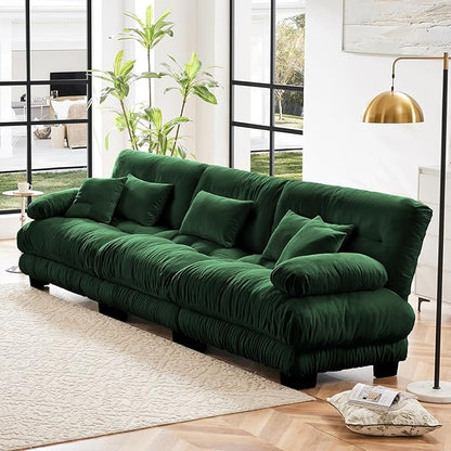 133.8" Oversized Couch, 3 Seater Modular Sectional Sofa, Green Large Sectional Couches for Living Room, Fluffy Chenille Fabric Cloud Couch with 5 Pillows, Deep Seat Sofas
