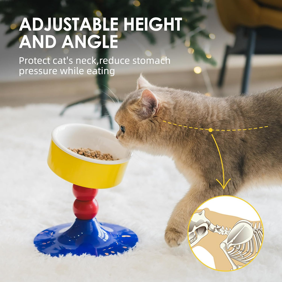 Ceramic Elevated Raised Cat Bowls,Cat Food Dish with Stand, 3 Height Adjustable Raised Dog Bowl Stand for Small Dogs Cats, Adjusts to 4.69", 5.98", 7.28" (Red & Blue)